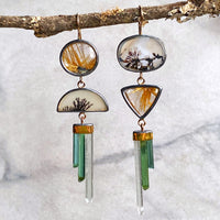 Dendritic Agate & Golden Rutilated Quartz Earrings with Tourmaline and Aquamarine Crystals